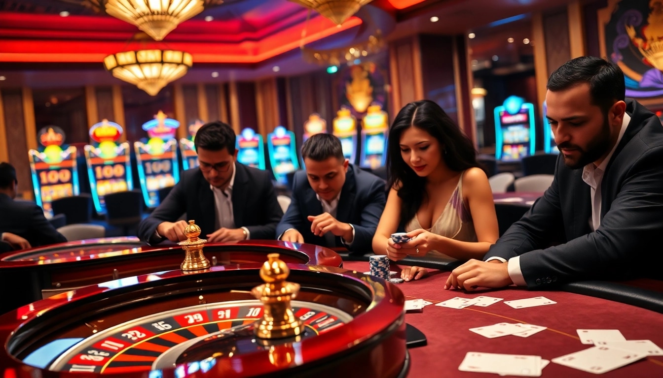 Experience the thrill of gambling at https://kong88.win with a luxurious casino scene including poker tables and roulette wheels.
