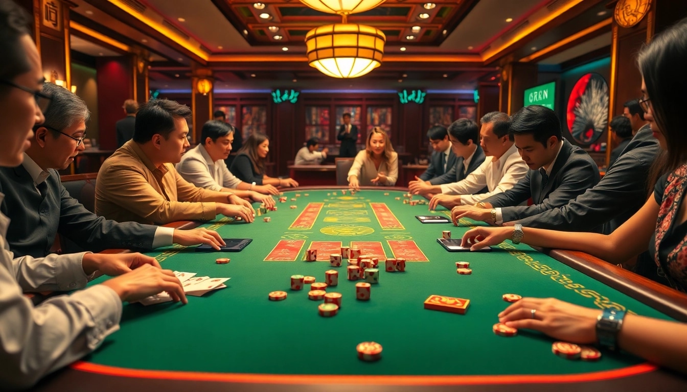 Tài xỉu sunwin table scene with players placing bets, showcasing excitement and strategy in a casino.