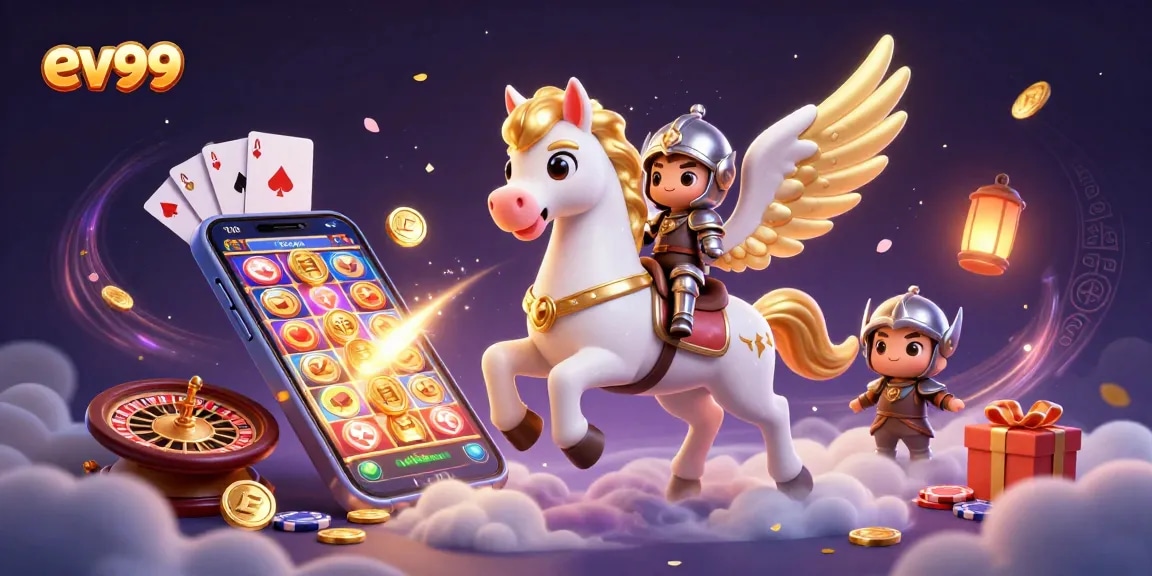 ev99 unleashes thrilling slot action with a vibrant 3D casino adventure illustration.