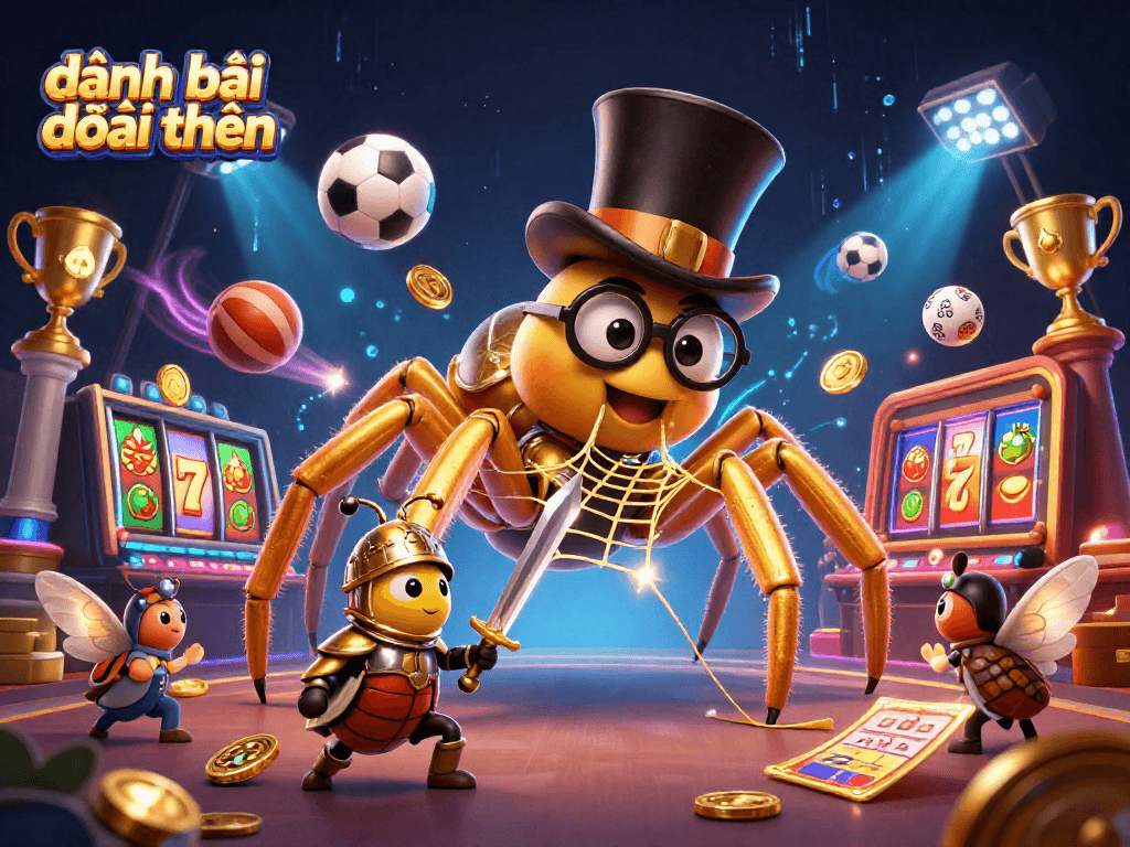 Engage in đánh bài đổi thưởng with excitement as a golden tarantula weaves a winning web surrounded by vibrant casino elements.