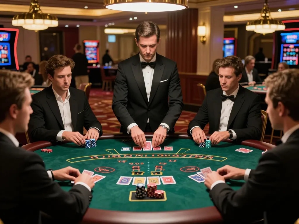 FC88 players engaging in an intense blackjack game at a luxury casino table surrounded by ambient lighting.