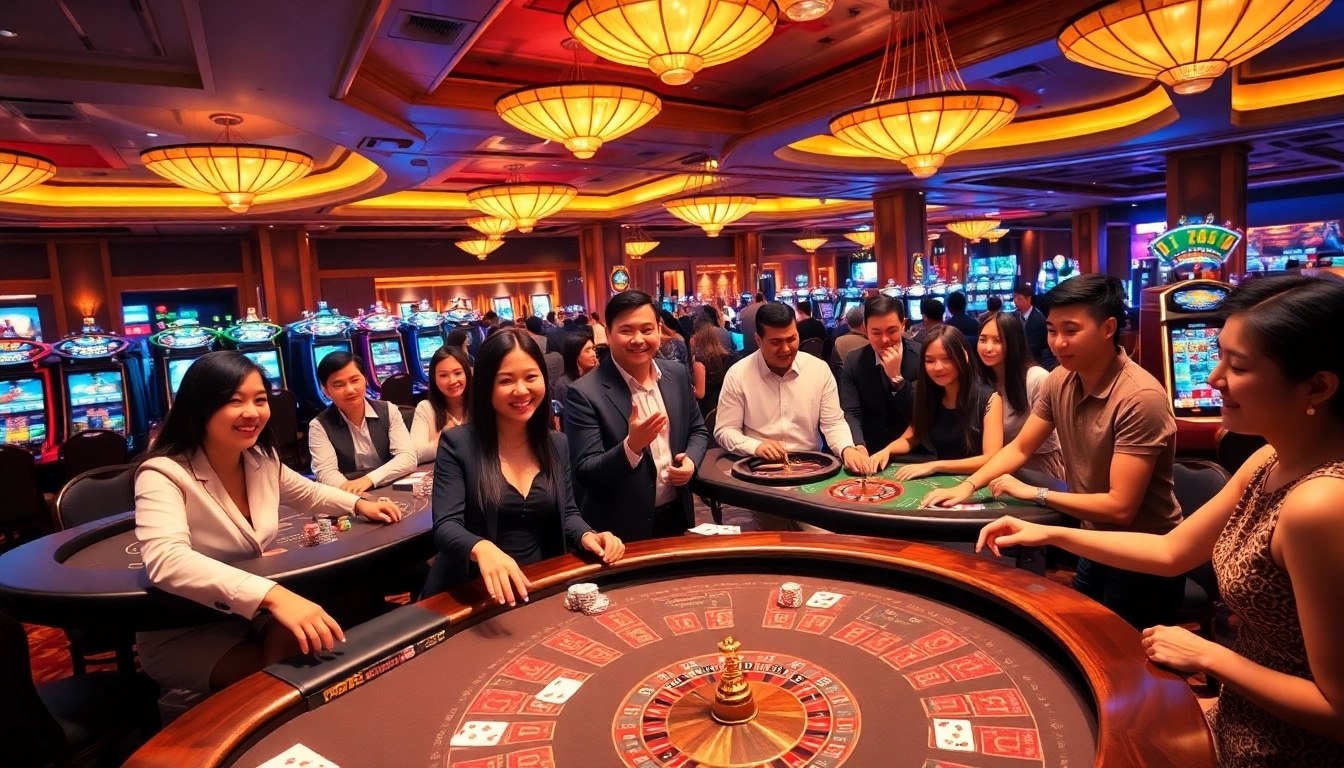 Experience the thrill of gambling at https://tt88.to/ with a vibrant casino scene featuring excited players and classic gaming tables.