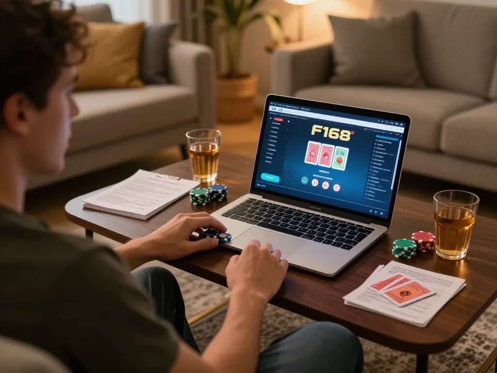 Players enjoy online poker at F168 in a cozy home setting with strategy notes.