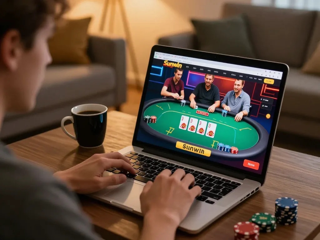 Player enjoying live poker game on Sunwin platform in a cozy home setting