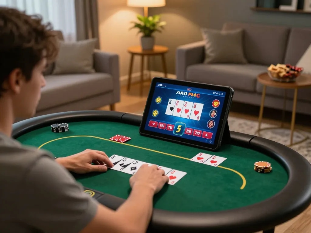 Engaging in poker gameplay on the rikvip platform, showcasing exciting card action in a cozy home setup.