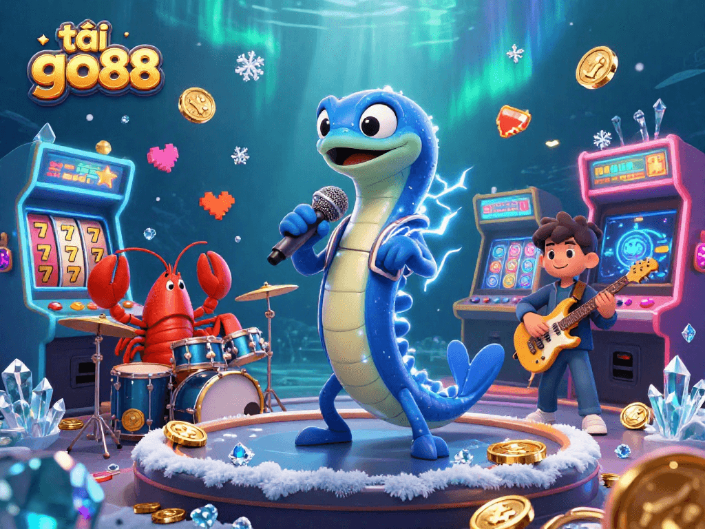Engage with the excitement of tải go88 featuring an electric eel DJ and vibrant casino elements.