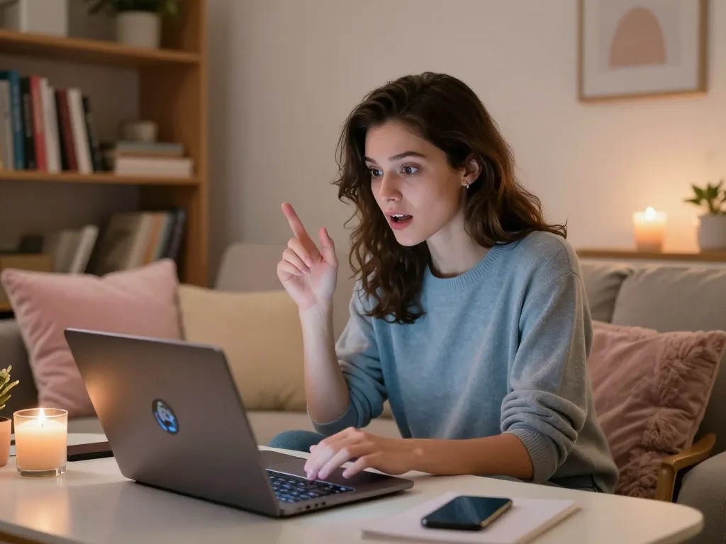 Engaging in ai nsfw chat on a laptop in a cozy room with ambient lighting and decor.