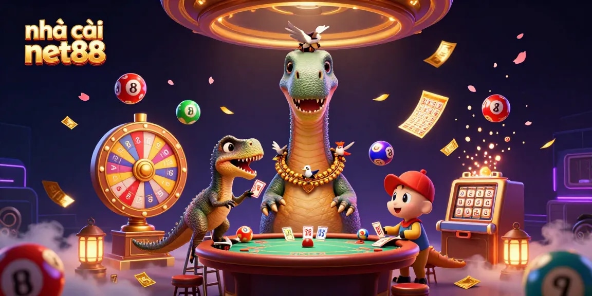 Experience exciting gameplay at nhà cái net88 with an extraordinary casino scene featuring a whimsical dinosaur.