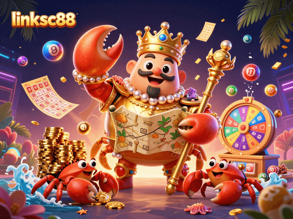 Join the excitement at link sc88 with a vibrant 3D casino scene featuring a golden crab emperor.