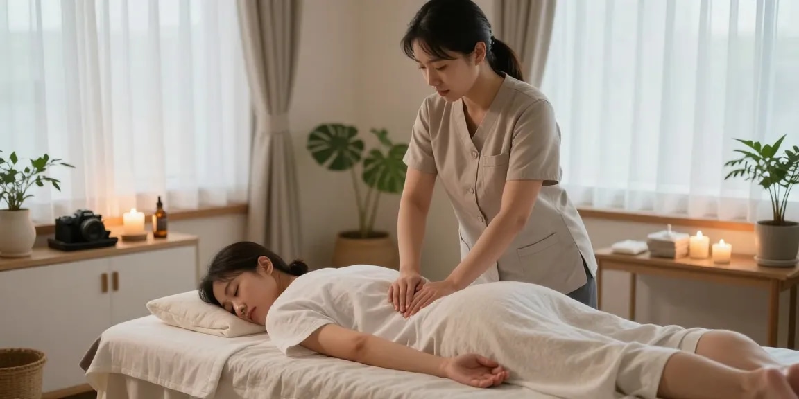 Relaxing 신촌출장마사지 session in a soothing therapy room with ambient lighting and skilled therapist.