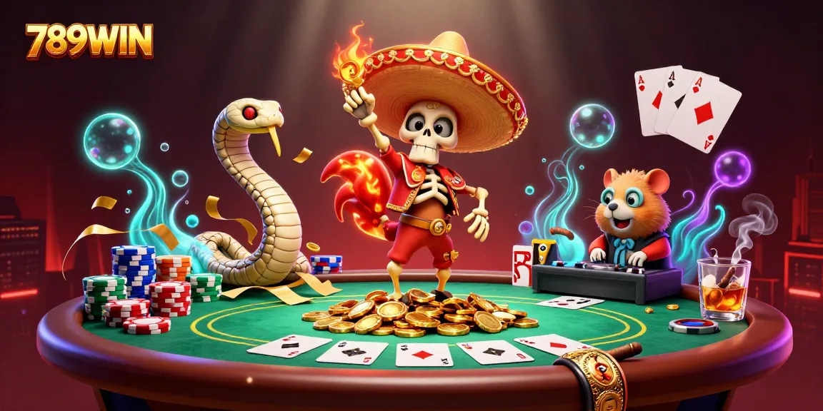 Play with excitement at 789WIN as the rooster dances on golden coins amidst thrilling poker action.