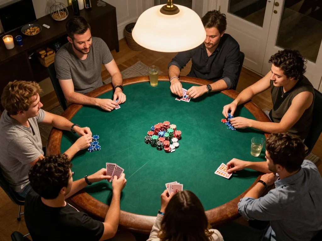 Players enjoy a friendly poker night at home, featuring vibrant 789CLUB-themed gameplay with snacks and chips.