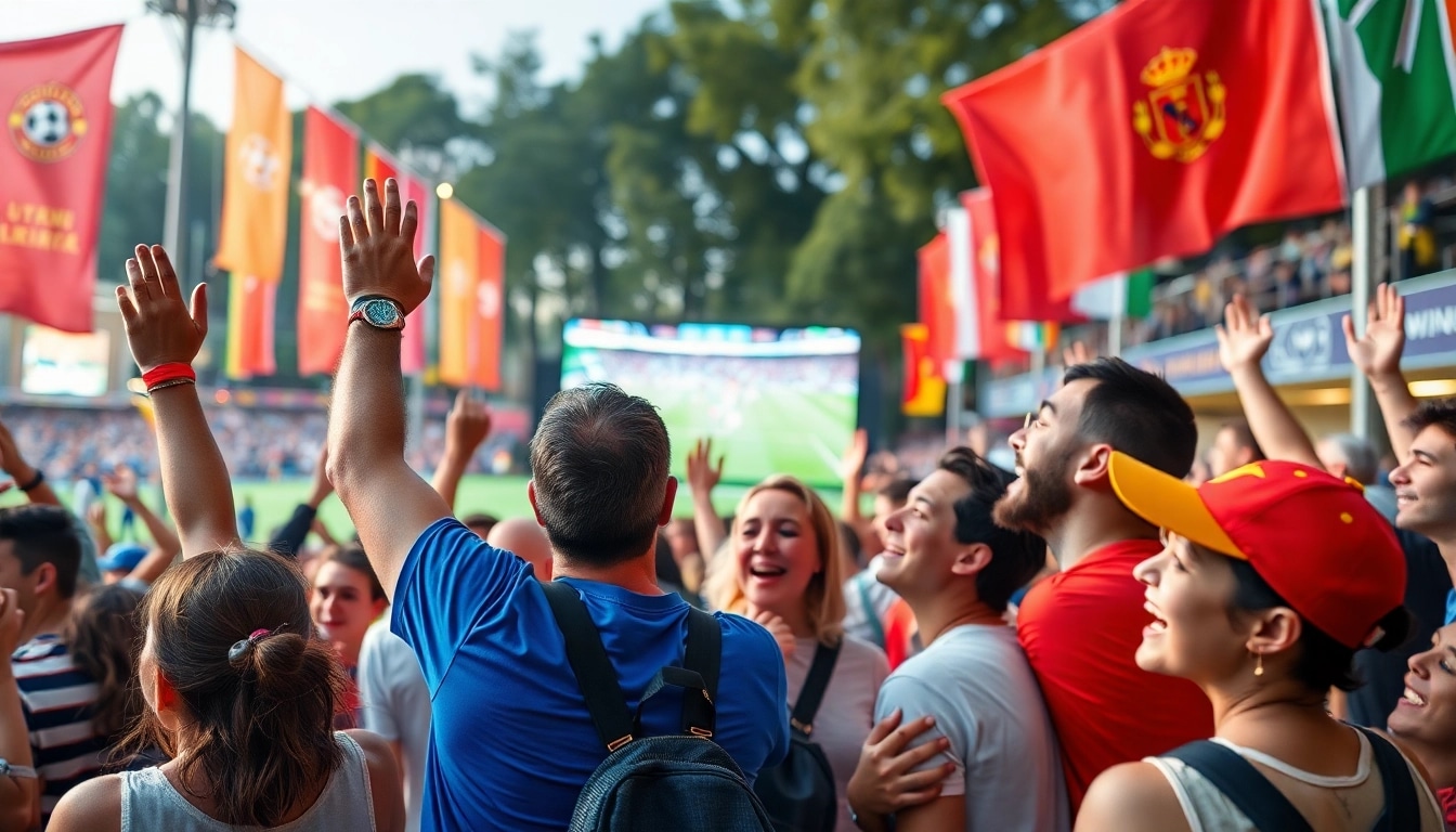 Fans enjoying 'okwintv trực tiếp bóng đá' outdoors, showcasing excitement and community.