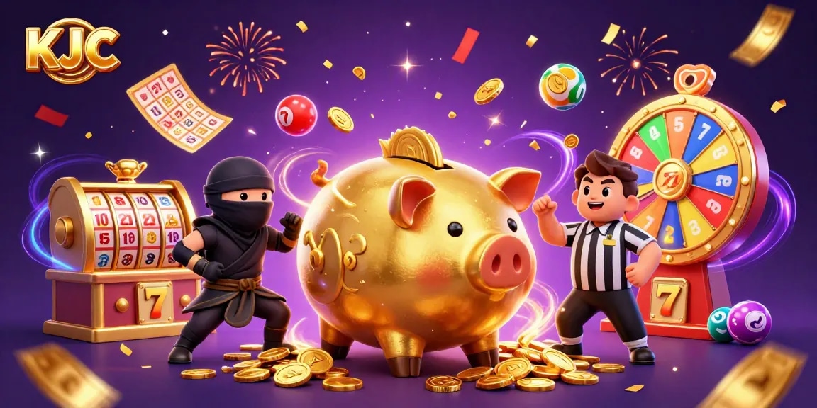 KJC gaming event showcasing a golden piggy bank sumo wrestler and vibrant gambling elements.