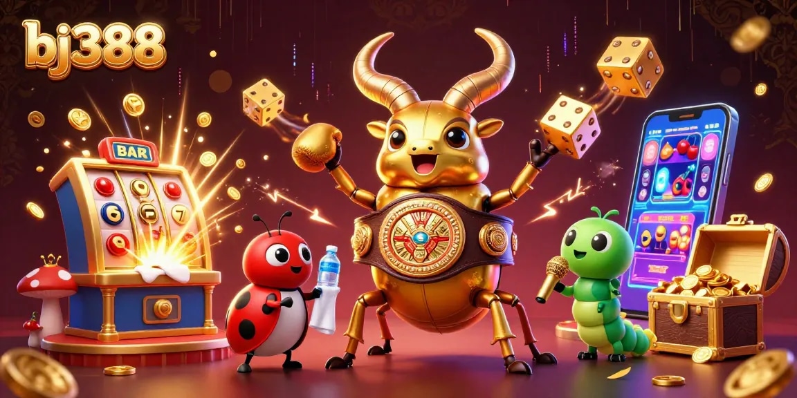 Experience the excitement of bj388 with vibrant games, colorful jackpots, and animated characters in a dynamic casino scene.