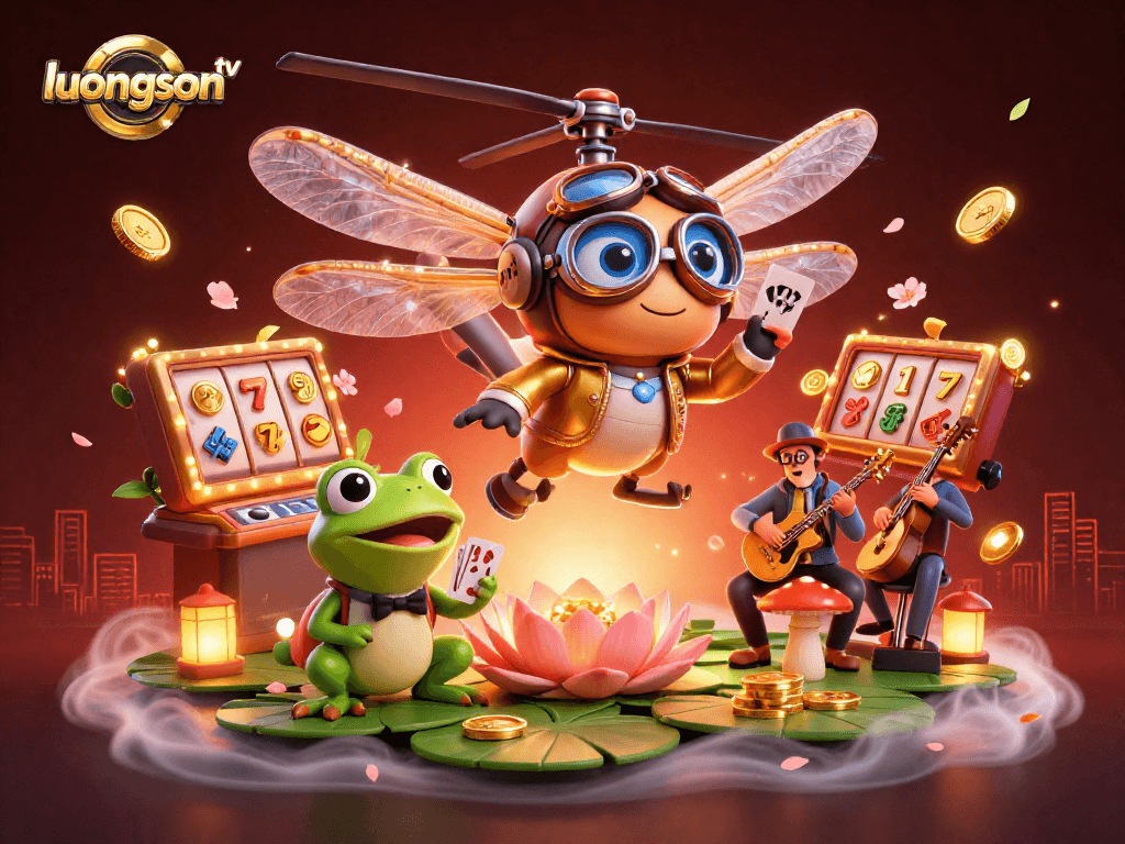 Experience thrilling gameplay with luongson tv's vibrant scene showcasing a lively dragonfly pilot, frog croupier, and musical cricket in a casino atmosphere.