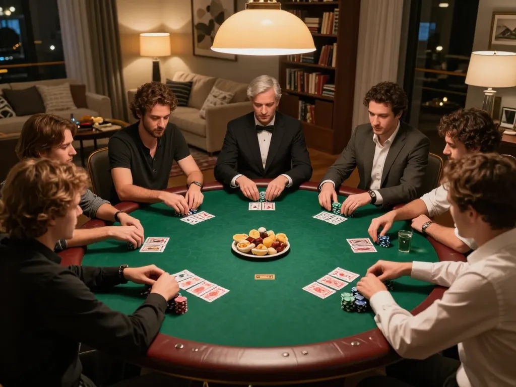 Players strategizing their poker moves at a stylish home game night with gem88.