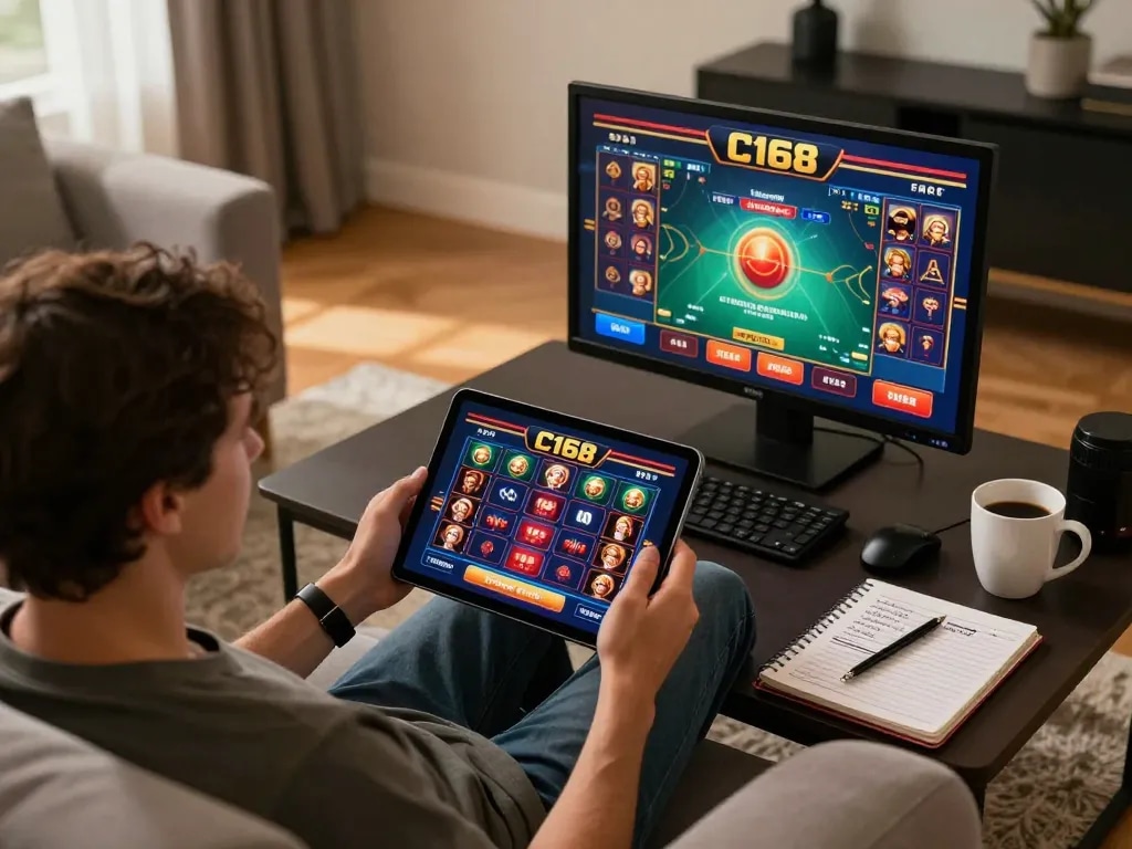 C168 player engaging in online casino gaming with tablet, showcasing winning strategies.