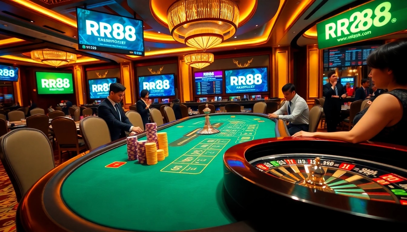 Experience the thrill of RR88's casino with vibrant poker chips and live dealer action.