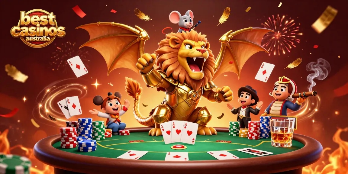 Experience the thrill at the best online casinos Australia with a vibrant 3D scene featuring poker elements.