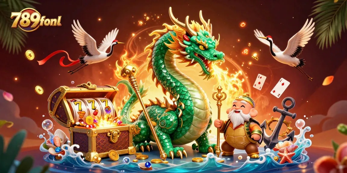 Experience the thrill of 789fonl with an immersive 3D casino scene featuring a jade dragon and slot games.