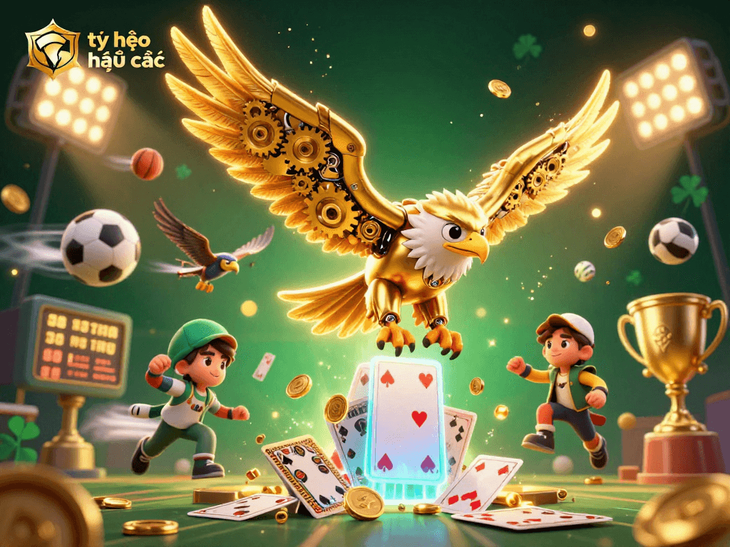 Betting on tỷ lệ kèo nhà cái with a dynamic 3D illustration of a golden eagle amid sports elements.
