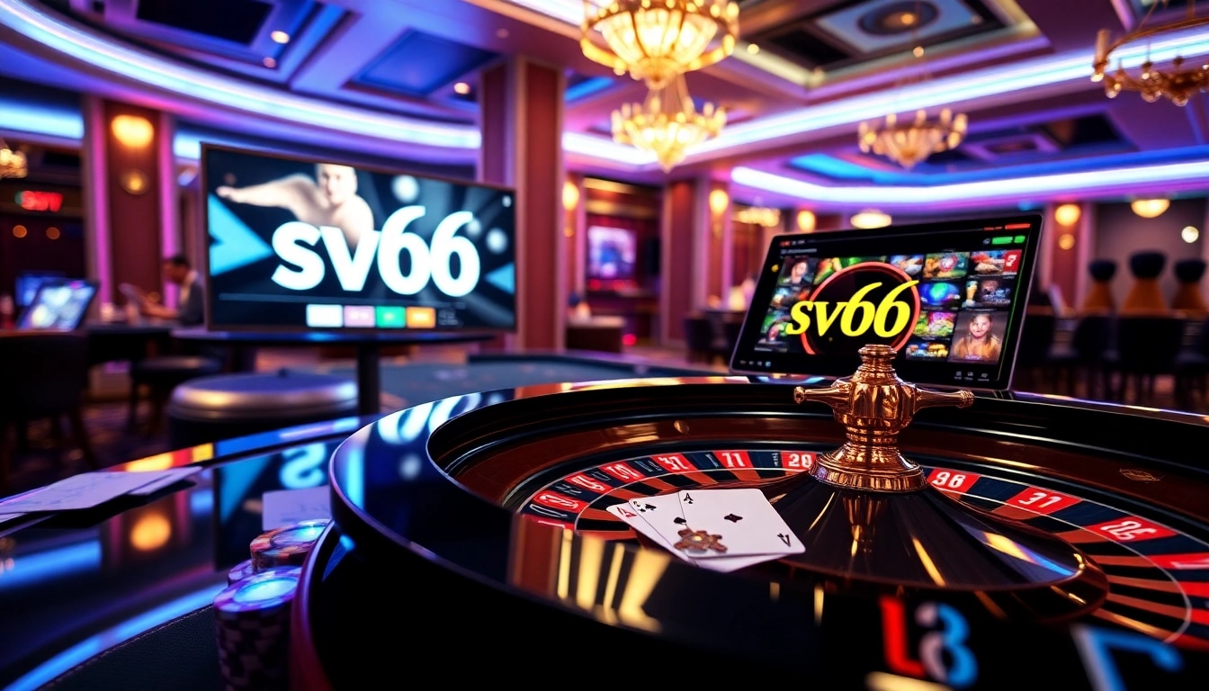 sv66 online casino scene with poker chips, roulette wheel, and gaming interface.