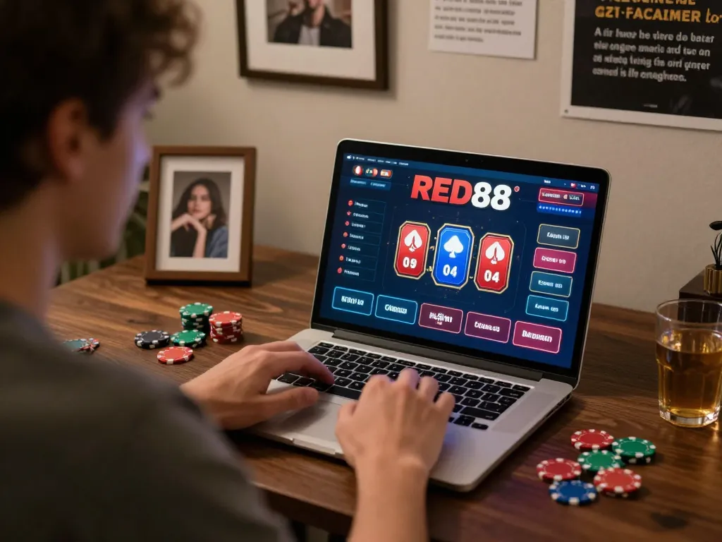 Engaged player using laptop for RED88 gaming with casino interface visible, showcasing the thrill of online gambling.