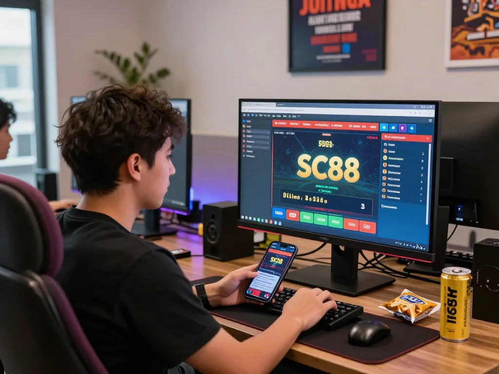 Exciting online gambling scene at https://sc88e.com/, showcasing player interacting with modern gaming interface and vibrant atmosphere.