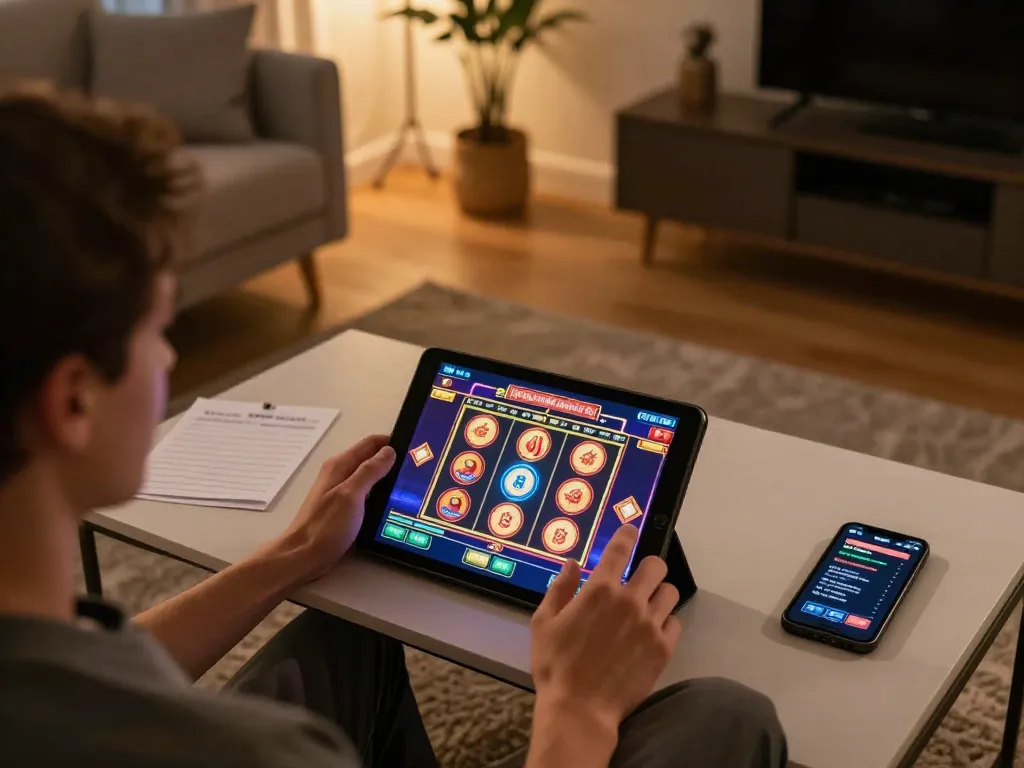 Player enjoying exciting slot games on a tablet, representing vuabet88i's engaging online gambling experience.