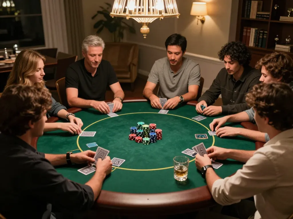 Players enjoying a strategic poker game during a home gathering, centered around 79KING gameplay strategies.