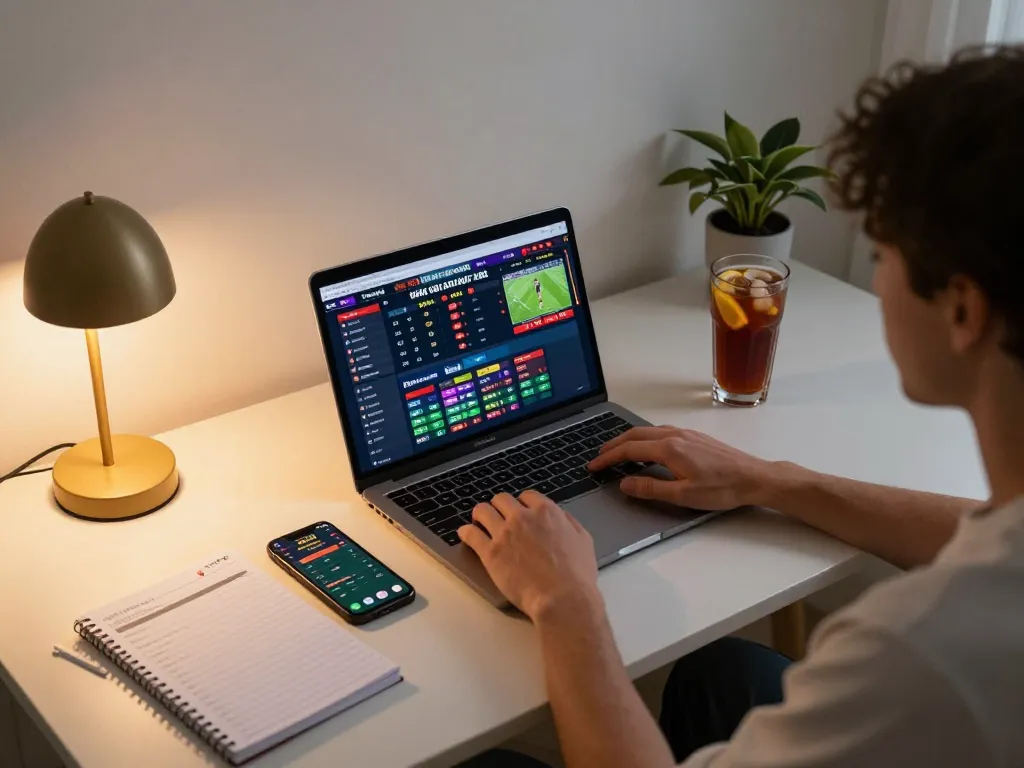 Engaging view of an online sports betting setup with kèo nhà cái trực tiếp on screen, cozy desk atmosphere