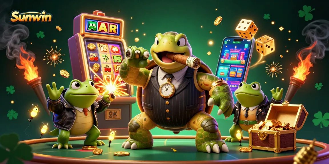 Win big with Sunwin in this vibrant 3D casino scene featuring a whimsical snapping turtle and fun gambling elements.