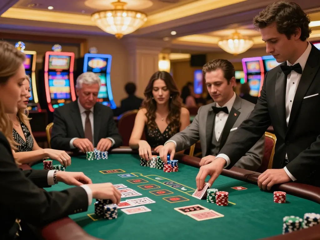 Engaged players at a nohu26 blackjack table showcasing strategy and excitement in an upscale casino.