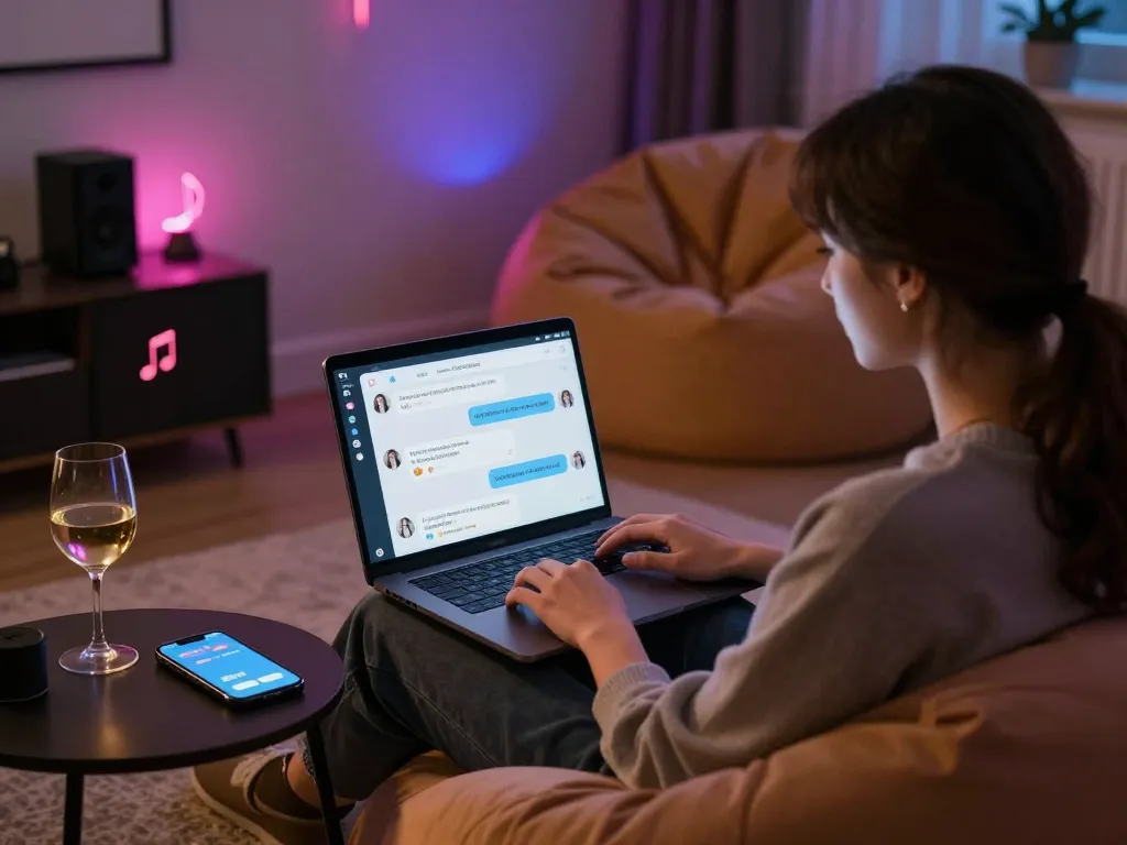 Engaging scene of an AI chat porn interaction, featuring a user in a cozy setup with a laptop, plush seating, and ambient lighting.