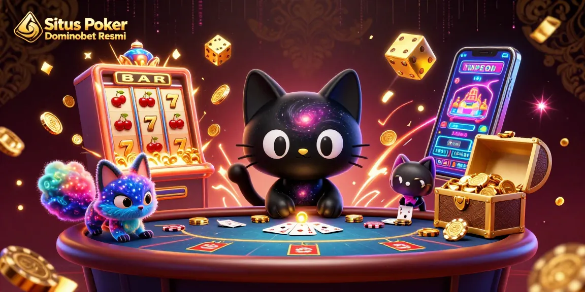 Situs Poker Dominobet Resmi showcases a cosmic poker scene with a black hole cat and colorful fox, enhancing the gaming experience.