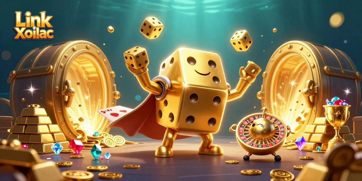 Bet on Link Xoilac with an exciting 3D illustration of golden dice and treasure!