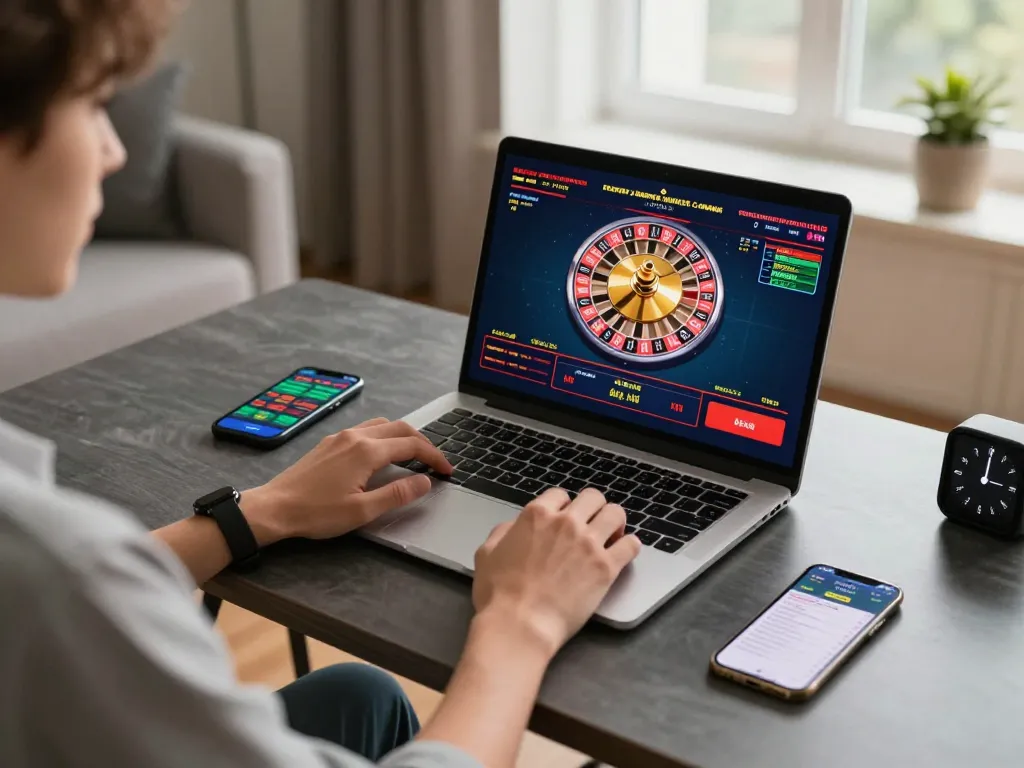 Person engaging in online roulette gameplay at home, showcasing CM88 gaming interface and responsible betting.
