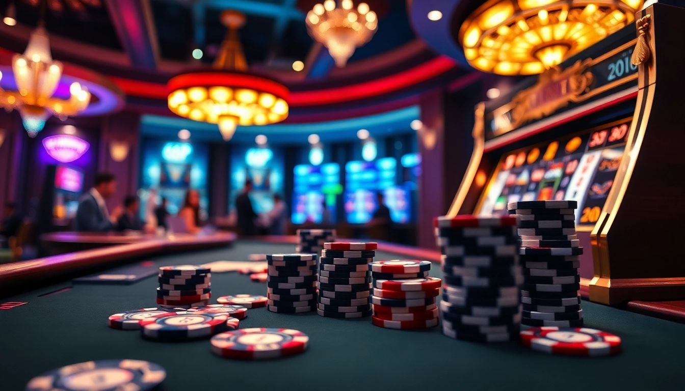 Engage with thrilling gameplay at 68VIP casino, featuring vibrant slots and poker action in a luxurious setting.