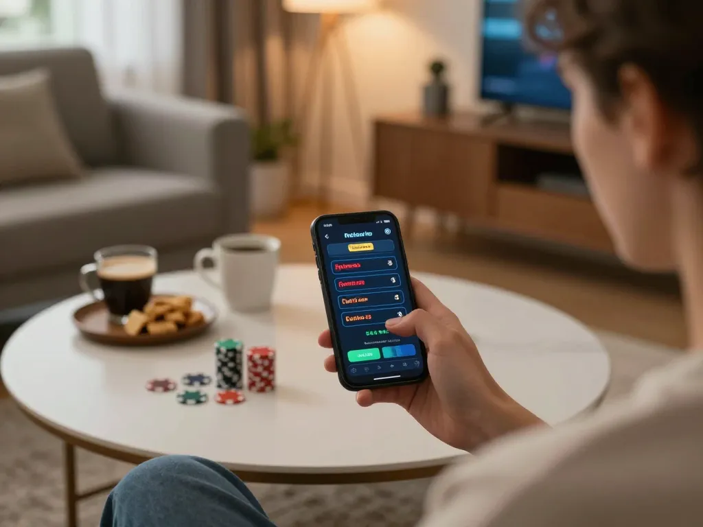 Player engaged in betting on 789bet mobile app from a cozy home setting, showcasing online gambling experience