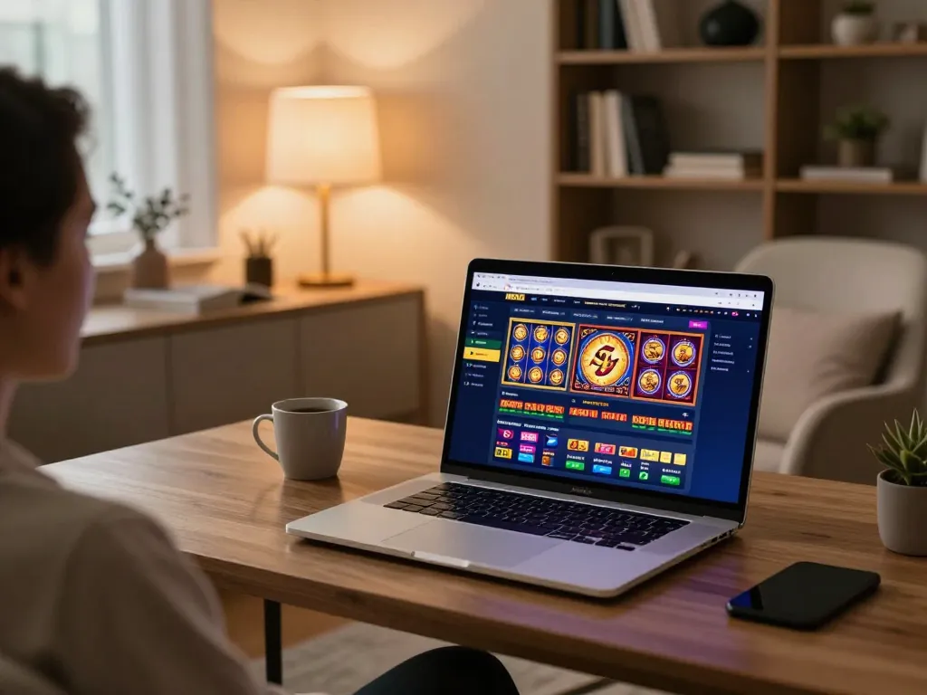 Engaging in online gaming at MB66 with vibrant slot game visuals from a cozy home office