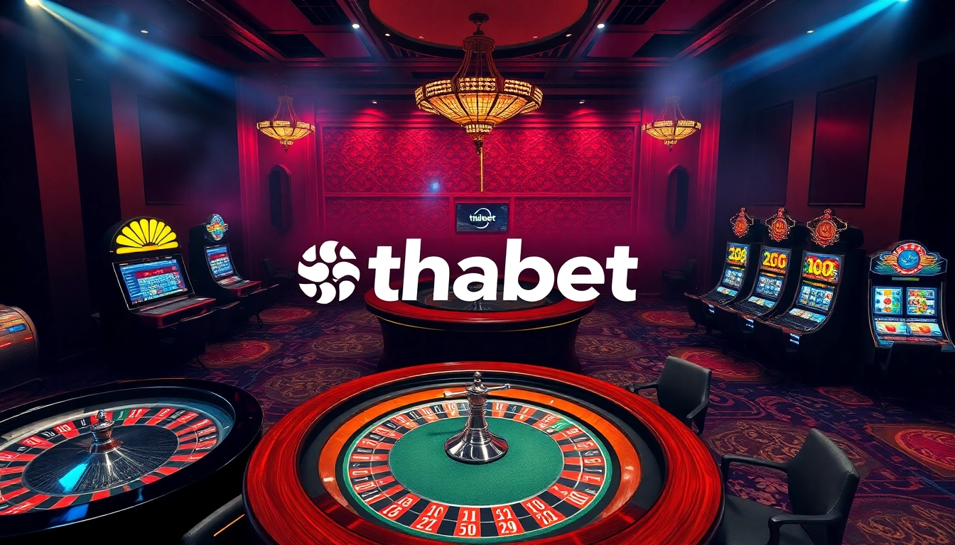 Experience the excitement of thabet web with vibrant casino elements, including roulette wheels and poker chips.