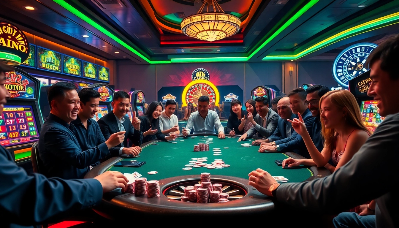 Exciting gameplay scene at Nhà Cái 68VIP with high-stakes poker action and colorful slot machines.