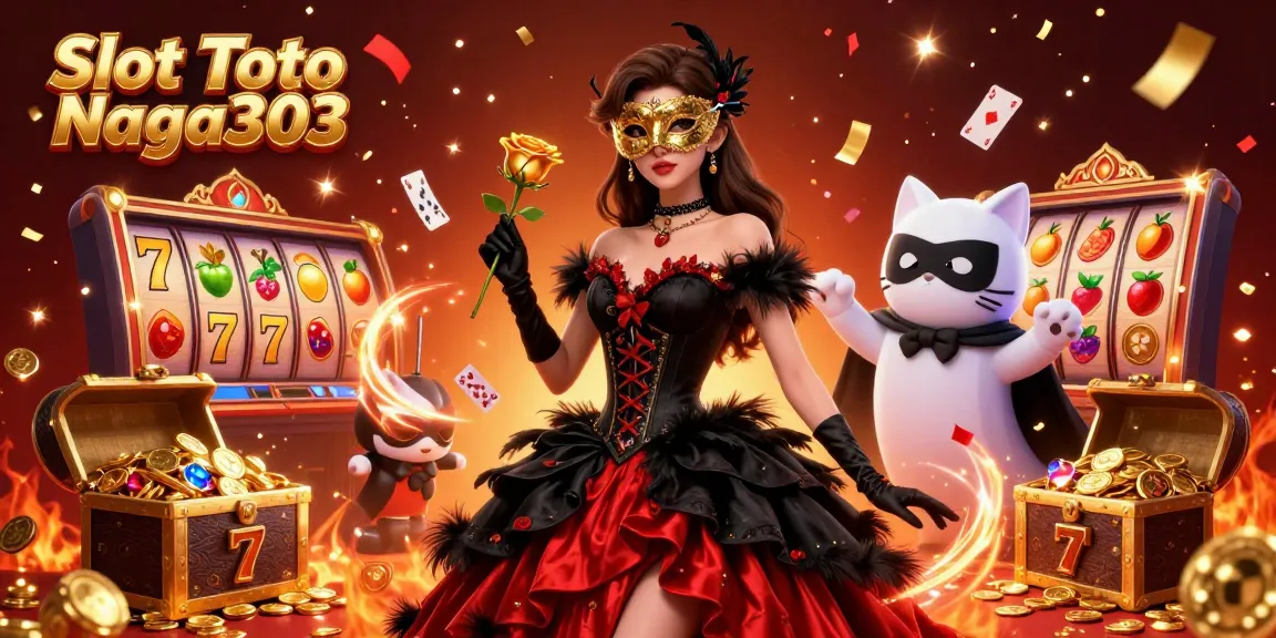 Experience thrilling action with Slot Toto Naga303, featuring vibrant characters, slot reels, and treasures.