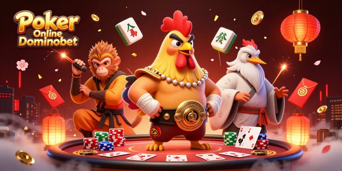 Engage with Poker Online Dominobet through an exciting scene of animated characters and poker visuals.