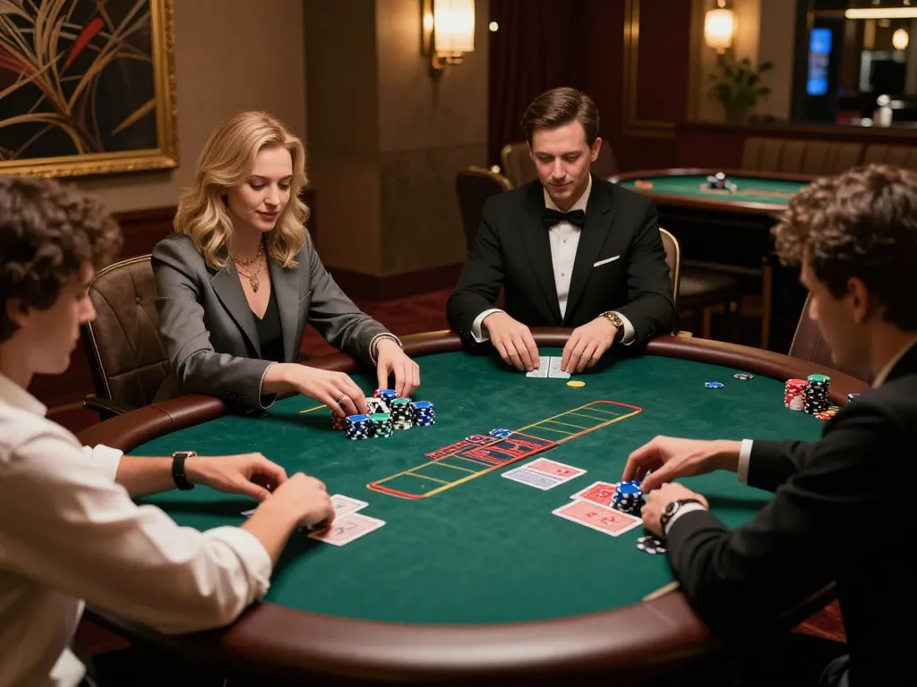 Red88 poker players strategizing their next move at a luxurious table with cards and chips.