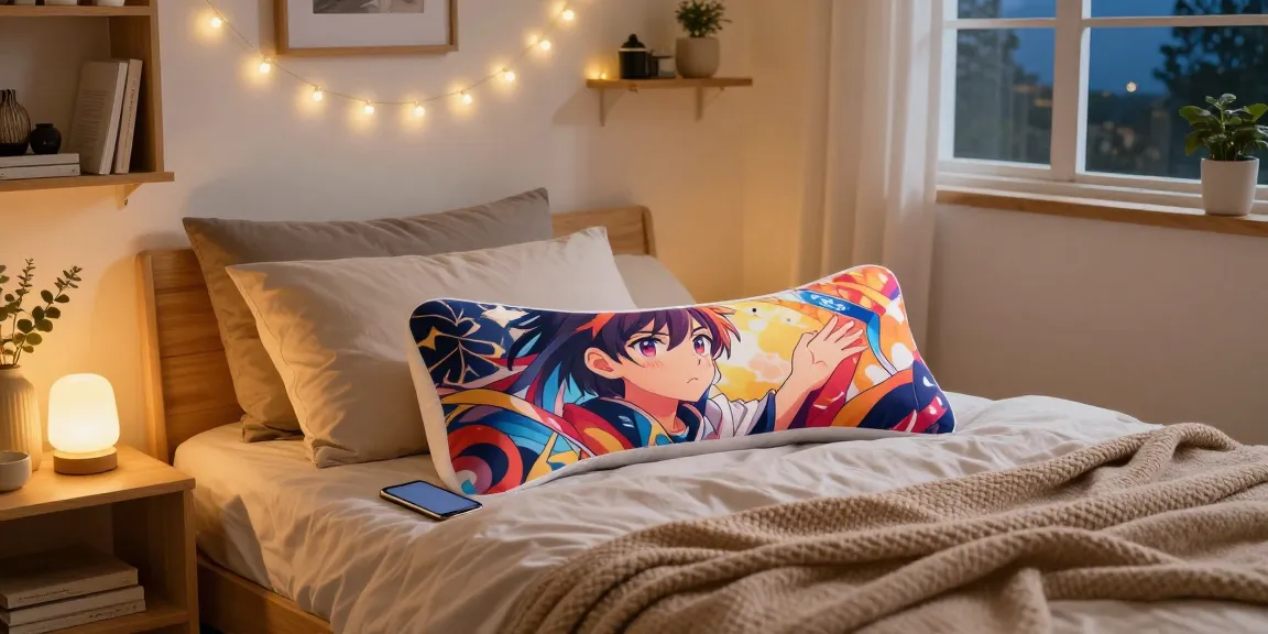 Custom body pillow design displayed in a cozy bedroom with soft lighting.