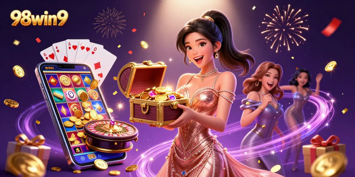 Spin and win at 98win9 with a treasure chest of golden coins and exciting games!