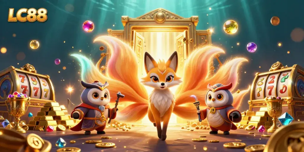 Experience the vibrant LC88 magic with a nine-tailed fox spirit and treasures in a dazzling casino illustration.