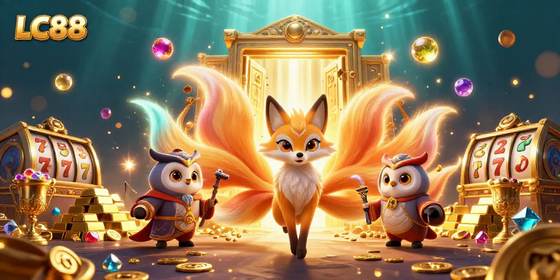Experience the vibrant LC88 magic with a nine-tailed fox spirit and treasures in a dazzling casino illustration.